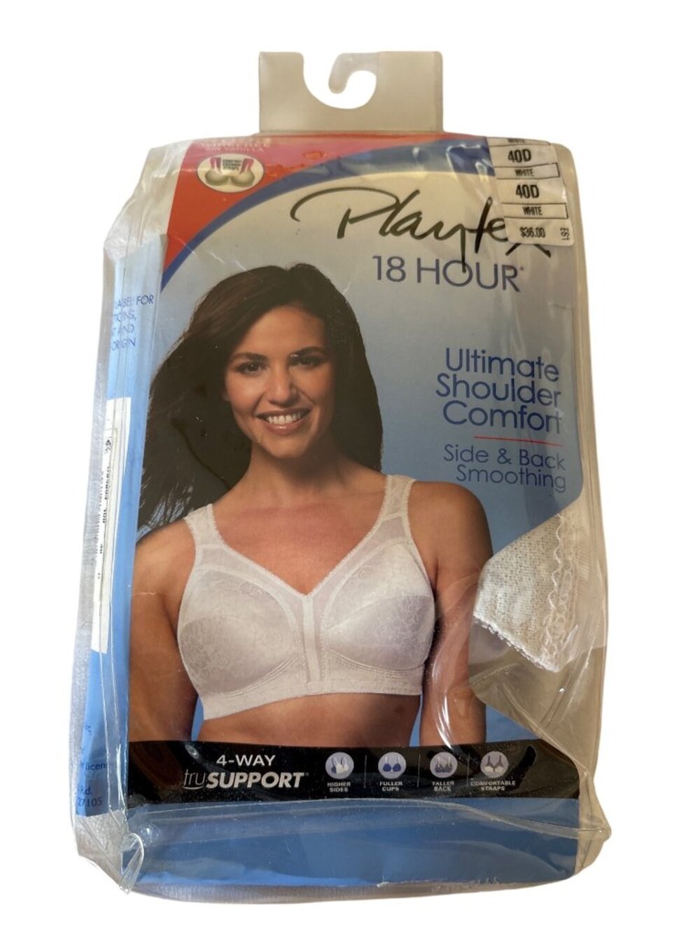 Playtex 18 Hour Wirefree Bra 40D White Comfort Cushion Straps Side & Back Smooth